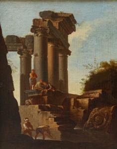 Giovanni Ghisolfi (Milano, 1623 – 1683), Paesaggio con rovine architettoniche e figure